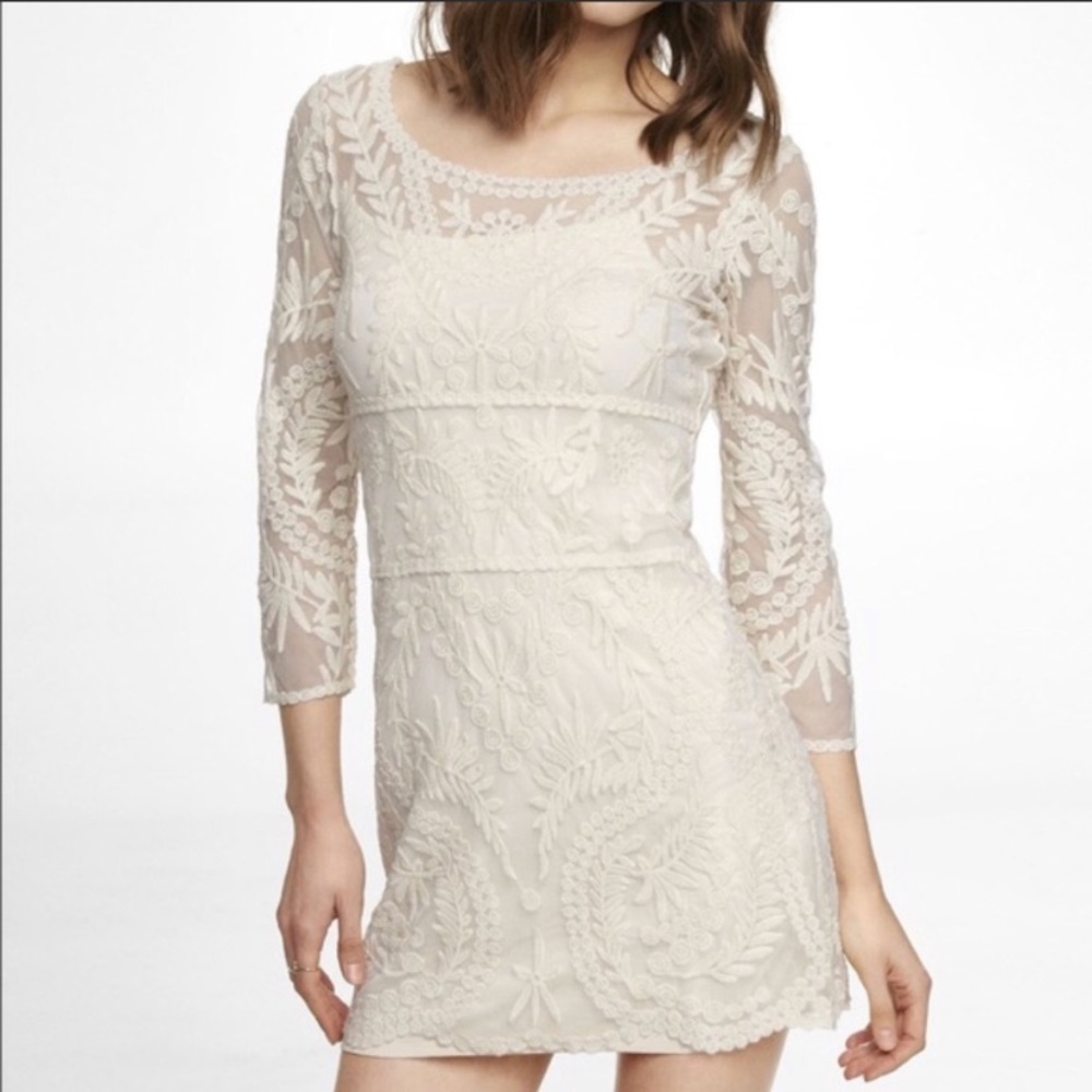 Express Lace Mini Dress 3/4 Sleeve Creme Coquette Bridal Romantic.  Sz XS.  EUC!